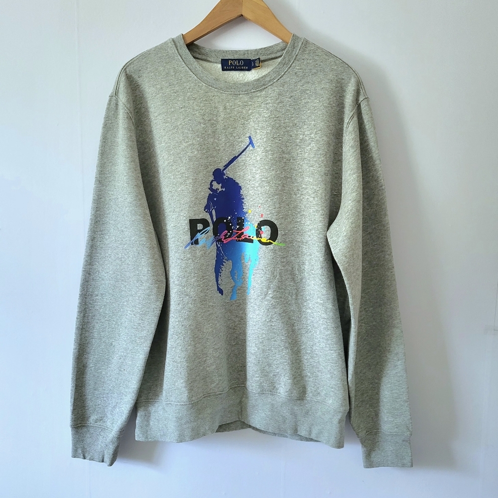 Men's Polo Ralph Lauren Big Pony Splash Paint Effect Grey Crewneck Sweatshirt L - Picture 1 of 6